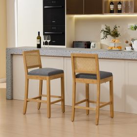 Full Solid Wood Rattan Back Bar Stool  Matte Linen Cushion With High Resilience Foam  S Springs  Ideal For Rustic Natural Style Kitchen Island  Low Ba