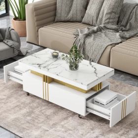 VIDEO Provided ON-TREND Contemporary Coffee Table With Faux Marble Top, Rectangle Cocktail Table With Caster Wheels, Moderate Luxury Center Table With