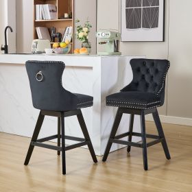 Swivel Velvet Barstools With Button Tufted Decoration And Wooden Legs, And Chrome Nailhead Trim, Leisure Style Bar Chairs,Bar Stools, Set Of 2 Black,S