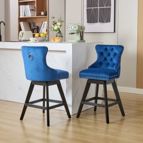 Swivel Velvet Barstools With Button Tufted Decoration And Wooden Legs, And Chrome Nailhead Trim, Leisure Style Bar Chairs,Bar Stools, Set Of 2 Blue,SW