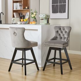 Swivel Velvet Barstools With Button Tufted Decoration And Wooden Legs, And Chrome Nailhead Trim, Leisure Style Bar Chairs,Bar Stools, Set Of 2 Gray,SW