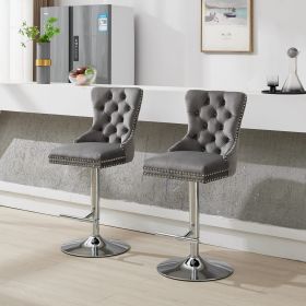 Thick Chrome Swivel Velvet Barstools,Adjustable 25 33 Height,Modern Upholstered With17.7  Base,Tufted Buttons Diamond Pleating,Sponge Spring Seat,for