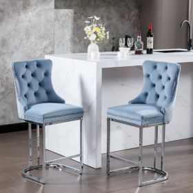 26  Counter Height Bar Stools Set Of 2, Modern Velvet Barstools With Button Back&Rivet Trim Upholstered Kitchen Island Chairs With Sturdy Chromed Meta