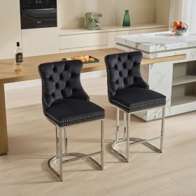 25 Counter Height Bar Stools Set Of 2, Modern Velvet Barstools With Button Back  Rivet Trim Upholstered Kitchen Island Chairs With Sturdy Chromed Meta