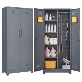 Gray And White Color Metal Lockers, Cleaning Tool Cabinets With Locking Doors, High Broom Tool Storage Cabinets, Adjustable Shelves, Large Cabinets Fo