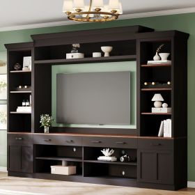 ON-TREND Farmhouse 4-Piece Entertainment Wall Unit Set with Bookshelf for TVs Up to 70", Walnut TV Stand with Adjustable Shelves