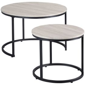 HOMCOM Nesting Coffee Tables Set of 2 Grey Round Stacking Tables with Metal Frame for Living Room