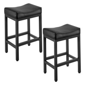 Bar Stool Set of 2, PU Leather Counter Height Stools, 25 inch Barstool with Saddle-Seat and Metal Legs, Easy Assembly Backless Bar Chair, Black