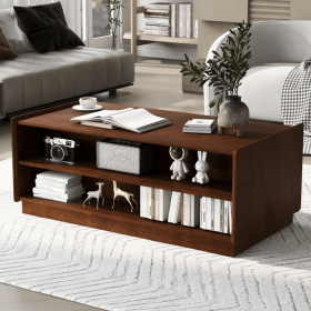 U-Can Modern Rectangle Coffee Table with 4 Drawers and 2 Display Shelves, 47.2" Wood Coffee Table with Fluted Style, Tempered Glass for Living Room