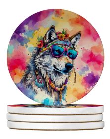Hippie Animal Wolf Large Sandstone Coasters Pack of 4 Absorbent Round Coasters Decor Gifts for Men or Women, 4 in, Multicolor