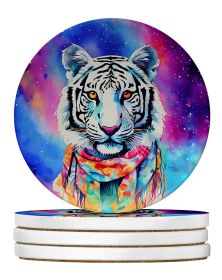 Hippie Animal White Tiger Large Sandstone Coasters Pack of 4 Absorbent Round Coasters Decor Gifts for Men or Women, 4 in, Multicolor