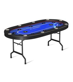 Upgraded 84" Folding Poker Table 10 Player Card Table with 10 Cup Holder for Texas Casino, Blue