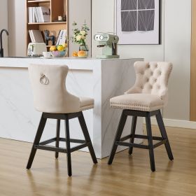 Swivel Velvet Barstools With Button Tufted Decoration And Wooden Legs, And Chrome Nailhead Trim, Leisure Style Bar Chairs,Bar Stools, Set Of 2  Beige,