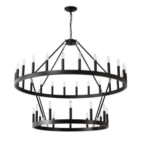 2 Tiers Wagon Wheel Chandelier Wooden Farmhouse 36-Light Black Metal Chandeliers 2-Story Light Fixtures Industrial For High Ceiling Living Dining Room