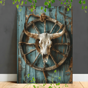 Rural Western Cowhead And Wagon Wheel Canvas Art - Old Wooden Frame, Perfect For Home Decor, Anniversaries, Birthdays, And Ideal For Room Decoration (Option: 36x24in)