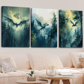Set Of 3 Wooden Framed Canvas Decorative Paintings, Dark Academia Style, Mythical Creatures, Forest And Dragon Fantasy Artwork, Watercolor Paintings, (Option: 16X12inch)