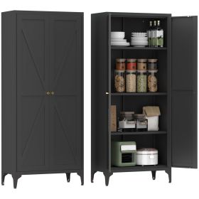 Metal Adjustable 2 Doors Metal Storage Cabinet Kitchen Pantry Cabinet With Adjustable Shelves Tall Steel Cabinet Locker For Kitchen, Living Room, Dini (Color: Black)