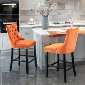 Contemporary Velvet Upholstered Barstools With Button Tufted Decoration And Wooden Legs, And Chrome Nailhead Trim, Leisure Style Bar Chairs,Bar Stools (Color: Orange)