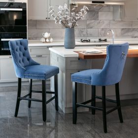 Contemporary Velvet Upholstered Barstools With Button Tufted Decoration And Wooden Legs, And Chrome Nailhead Trim, Leisure Style Bar Chairs,Bar Stools (Color: Blue)