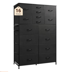 16 Drawer Dresser With Fabric Bins, Sturdy Steel Frame And Wood Top (Color: Black)
