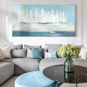 Natural home decor Original Oil Painting on Canvas Abstract Art Water sailboat painting sky blue Nature gold leaf art Living Room Painting (Style: 01, size: 60x120cm)