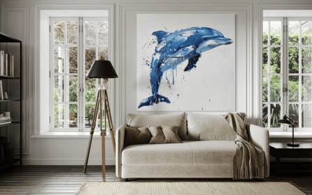 Blue Dolphin with White Background Oil Painting Square Acrylic Wall Art Handmade Painting on Canvas Modern Oversize Personalized Artwork (Style: 01, size: 160x160cm)