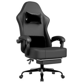 Gaming Chair with Pocket Spring Cushion and Footrest, Ergonomic Computer Chair for Adults, Breathable PU Leather Game Chair (Color: Dark Night Black)