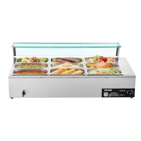 VEVOR Commercial Food Warmer, 1500W Electric Stainless Steel Steam Food Warmer with Glass Cover (Pan Size: 9 x 1/3-Size Pans)