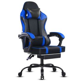 Ergonomic Gaming Chair for Adults with Footrest PU Leather Computer Chair with Adjustable Lumbar Support 360 Degree Swivel Heavy Duty Reclining Chair (Color: Blue)