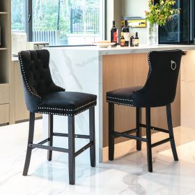 Contemporary Velvet Upholstered Barstools With Button Tufted Decoration And Wooden Legs, And Chrome Nailhead Trim, Leisure Style Bar Chairs,Bar Stools (Color: Black)
