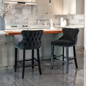 A&A Furniture,Contemporary Velvet Upholstered Wing-Back Barstools With Button Tufted Decoration And Wooden Legs, And Chrome Nailhead Trim, Leisure Sty (Color: Black)