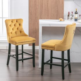 Contemporary Velvet Upholstered Barstools With Button Tufted Decoration And Wooden Legs, And Chrome Nailhead Trim, Leisure Style Bar Chairs,Bar Stools (Color: Gold)